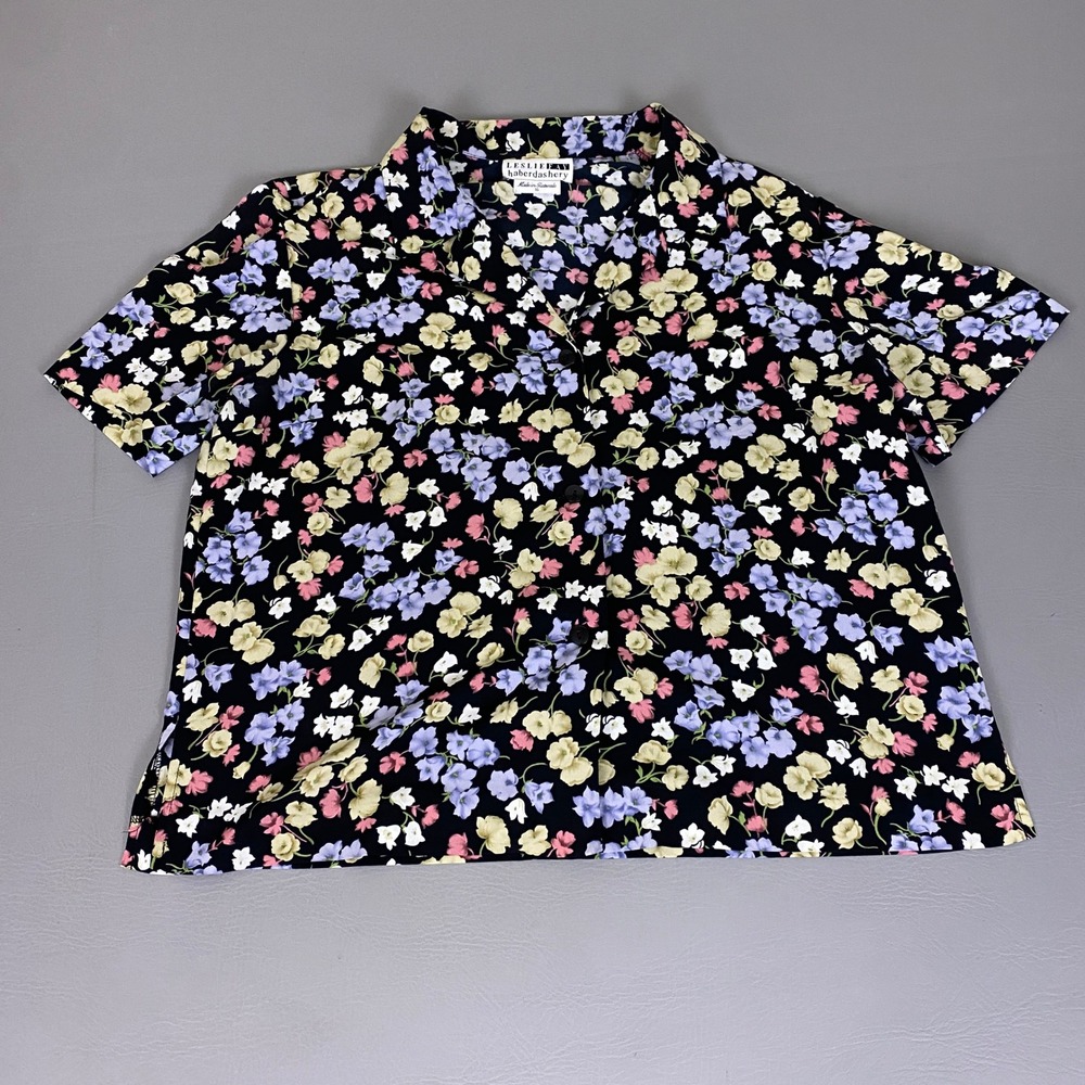 Vintage Leslie Fay Haberdashery Blouse Size 18 Floral Rayon Short Sleeve Black